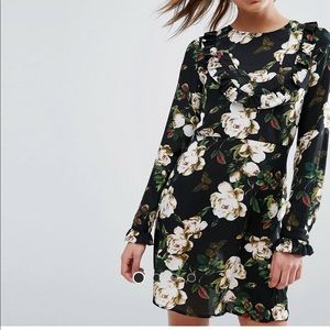 ASOS black floral dress with ruffle neckline